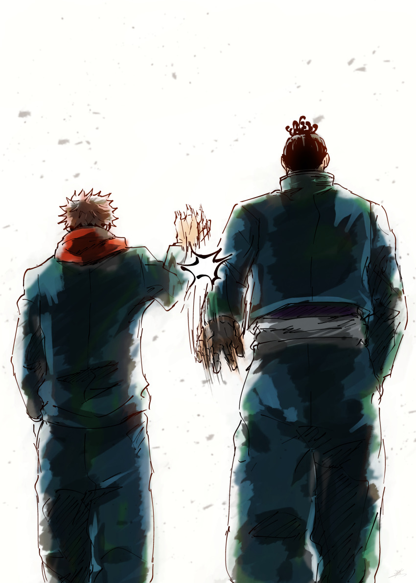 2boys absurdres artist_request black_hair clapping facing_away feet_out_of_frame gakuran high_five highres itadori_yuuji jujutsu_kaisen male_focus multiple_boys scar scar_across_eye scar_on_face school_uniform short_hair sideburns smack speech_bubble toudou_aoi_(jujutsu_kaisen) undercut walking