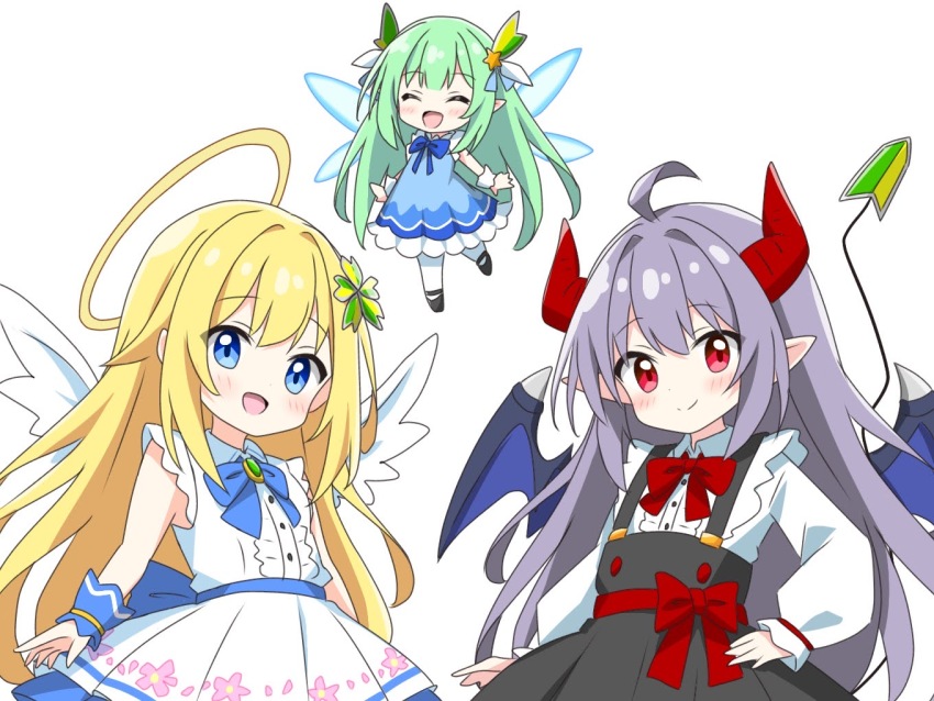 3girls :d ^_^ ahoge angel angel_wings black_footwear blonde_hair blue_bow blue_bowtie blue_dress blue_eyes blush bow bowtie buttons closed_eyes closed_mouth collared_dress collared_shirt commentary_request demon_girl demon_horns demon_tail demon_wings dress facing_viewer fairy fairy_wings floral_print_dress flying frilled_dress frills green_hair hair_ornament halo hand_on_own_hip horns kotatsu-mazoku long_hair long_sleeves looking_at_viewer multiple_girls neck_ribbon open_mouth original pointy_ears print_dress purple_hair red_eyes red_ribbon ribbon shirt shooting_star_hair_ornament shoshinsha_mark simple_background skirt sleeveless sleeveless_dress smile socks star_(symbol) star_hair_ornament suspender_skirt suspenders tail waist_ribbon white_background white_dress white_shirt white_socks wings wrist_cuffs