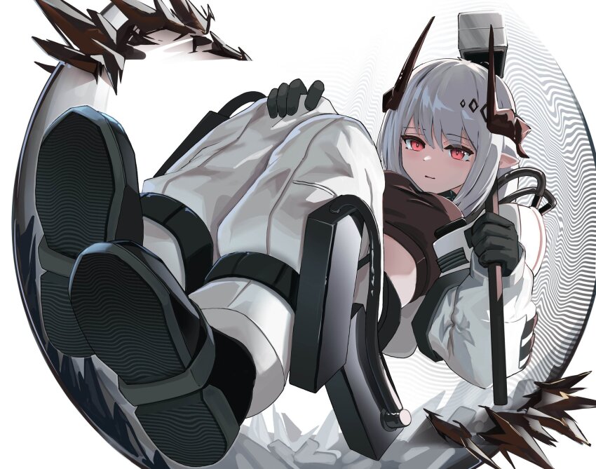 1girl arknights black_gloves black_shoes black_sports_bra commentary from_below gloves hammer highres holding holding_hammer horns jambaeng knees_up long_hair looking_at_viewer looking_down mudrock_(arknights) mudrock_(elite_ii)_(arknights) pants parted_lips pointy_ears red_eyes shoes simple_background solo sports_bra white_background white_hair white_pants