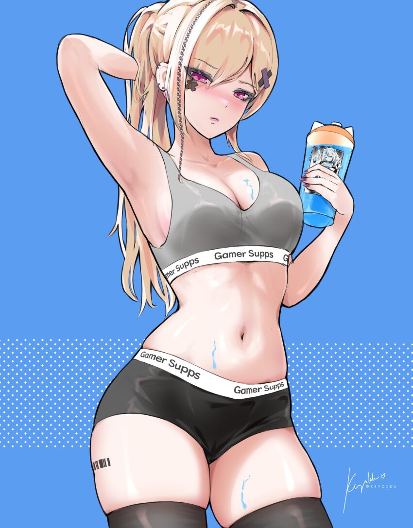 1girl arm_up armpits barcode barcode_tattoo black_thighhighs blonde_hair blue_background blush braid breasts commentary dotted_background drink earrings english_commentary grey_sports_bra hair_ornament highres holding holding_drink jewelry keyokku long_hair medium_breasts nail_polish navel original pink_eyes revision ribbon side_braid skindentation skirt solo sports_bra standing tattoo thighhighs x_hair_ornament