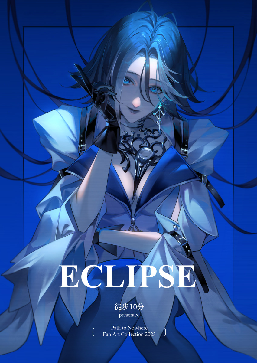1girl absurdres adela_(path_to_nowhere) belt black_belt black_gloves black_lips blue_background blue_eyes blue_hair blue_pantyhose breasts cleavage closed_mouth cowboy_shot earrings gloves hair_between_eyes highres jacket jewelry lipstick long_hair looking_at_viewer makeup multicolored_hair pantyhose partially_unzipped path_to_nowhere simple_background smile solo streaked_hair toho10min two-tone_hair white_hair white_jacket