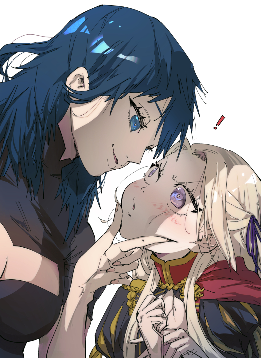 2girls blue_eyes blue_hair breasts bustier female_byleth_(fire_emblem) cape edelgard_von_hresvelg fire_emblem fire_emblem:_three_houses garreg_mach_monastery_uniform highres korokoro_daigorou large_breasts long_hair medium_hair multiple_girls nintendo purple_eyes purple_ribbon red_cape ribbon side_cape simple_background smile white_hair yuri