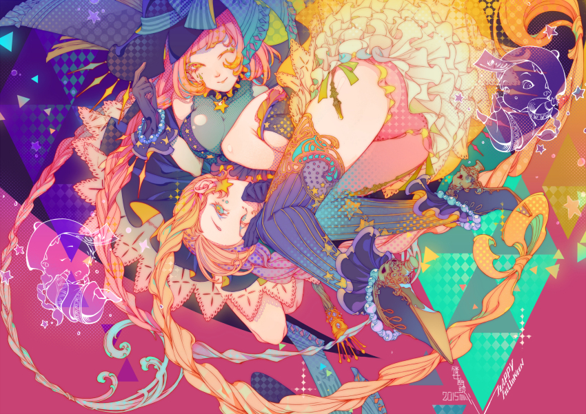 1girl akai_kamoshi ass braid character_request chibi ching_nu_yu_hun_2 commentary dated ghost halloween halloween_costume happy_halloween hat high_heels highres jack-o&#039;-lantern jewelry moon multiple_persona official_art one_eye_closed original panties psychedelic pumpkin star_(symbol) striped_leggings underwear witch wrist_gloves