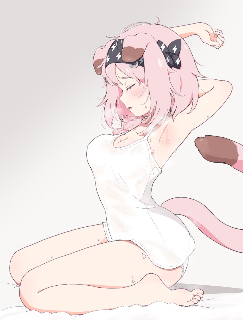 1girl absurdres animal_ear_fluff animal_ears arknights armpits arms_up ass bare_shoulders barefoot black_hairband blush braid breasts cat_ears cat_girl cat_tail cleavage closed_eyes commentary_request feet floppy_ears fuu_hoshimi goldenglow_(arknights) hairband highres lightning_bolt_print medium_breasts medium_hair off-shoulder_shirt off_shoulder open_mouth panties pink_hair print_hairband shirt side_braid sidelocks sitting sleeveless sleeveless_shirt solo stretching sweat tail thighs underwear wariza white_panties white_shirt