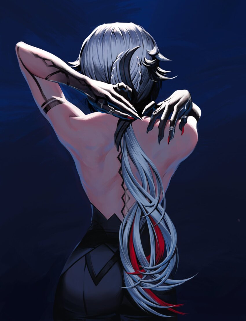 1girl arlecchino_(genshin_impact) backless_dress backless_outfit black_background black_gloves black_hair blue_background dress facing_away genshin_impact gloves hand_in_own_hair highres long_hair low_ponytail lunart multicolored_background ponytail red_hair red_nails revision solo white_hair