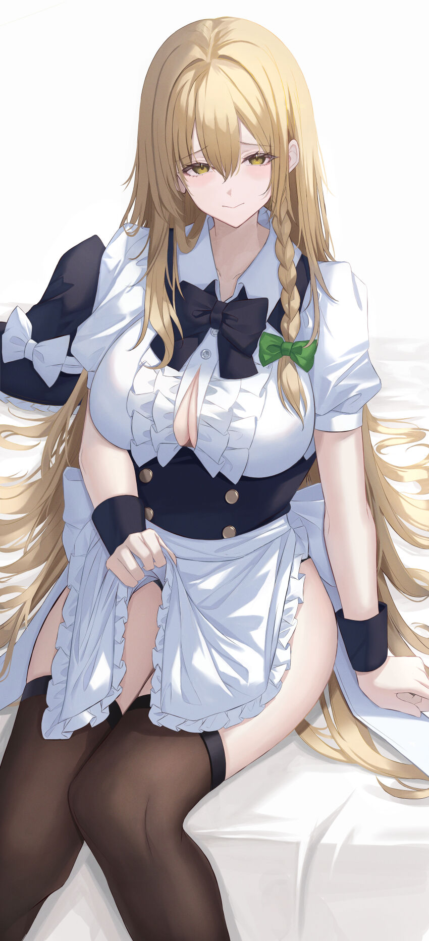 1girl 7saki absurdres apron blonde_hair braid brown_thighhighs closed_mouth hair_between_eyes highres kirisame_marisa long_hair looking_at_viewer no_headwear puffy_short_sleeves puffy_sleeves short_sleeves simple_background single_braid solo thighhighs thighs touhou white_apron white_background yellow_eyes
