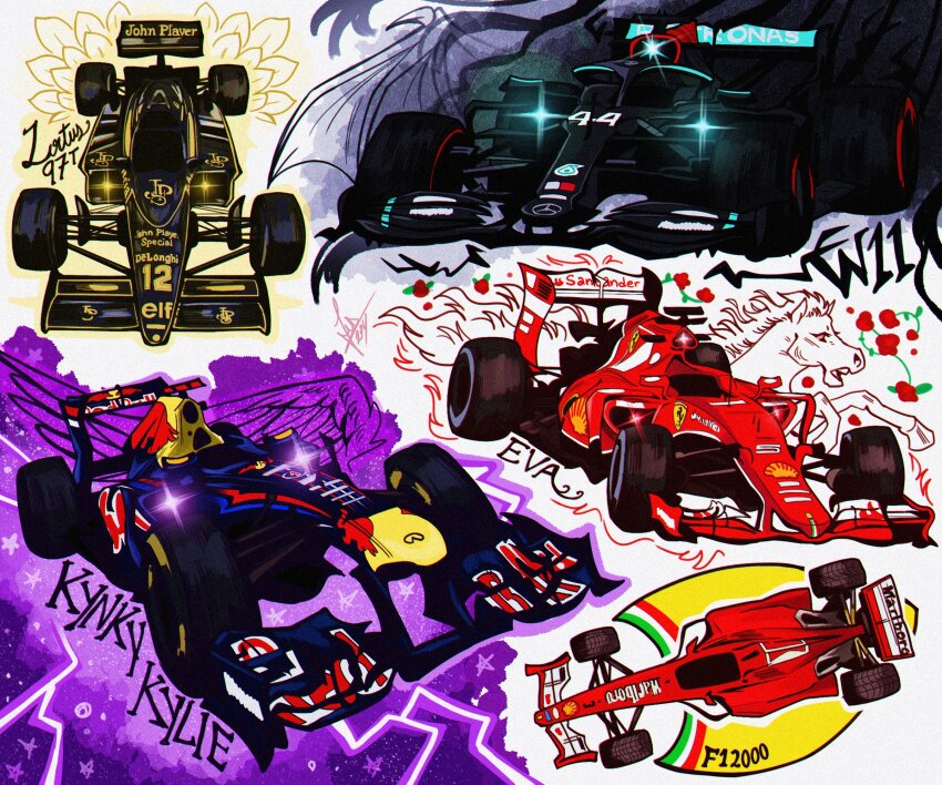 car commentary english_commentary ferrari flower formula_one formula_racer glint highres infiniti_(company) lotus_(brand) lotus_97t marlboro mercedes-benz mercedes_w11 motor_vehicle no_humans race_vehicle racecar red_bull red_bull_rb8 red_flower schumisnoopy shell_(company) spoiler_(automobile) sponsor star_(symbol) vehicle_focus vehicle_name