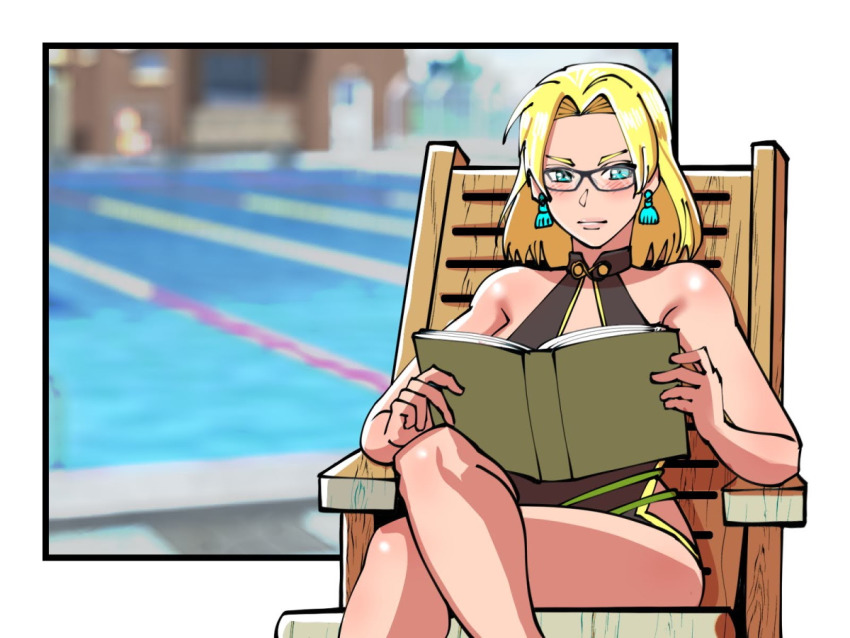1girl blonde_hair blue_eyes blush book chair crossed_legs earrings female_focus fire_emblem fire_emblem:_the_sacred_stones fire_emblem_heroes glasses holding holding_book jewelry looking_at_viewer medium_hair mnejing30 nintendo official_alternate_costume one-piece_swimsuit parted_bangs pool poolside reading selena_(fire_emblem:_the_sacred_stones) selena_(summer)_(fire_emblem:_the_sacred_stones) sitting solo swimsuit