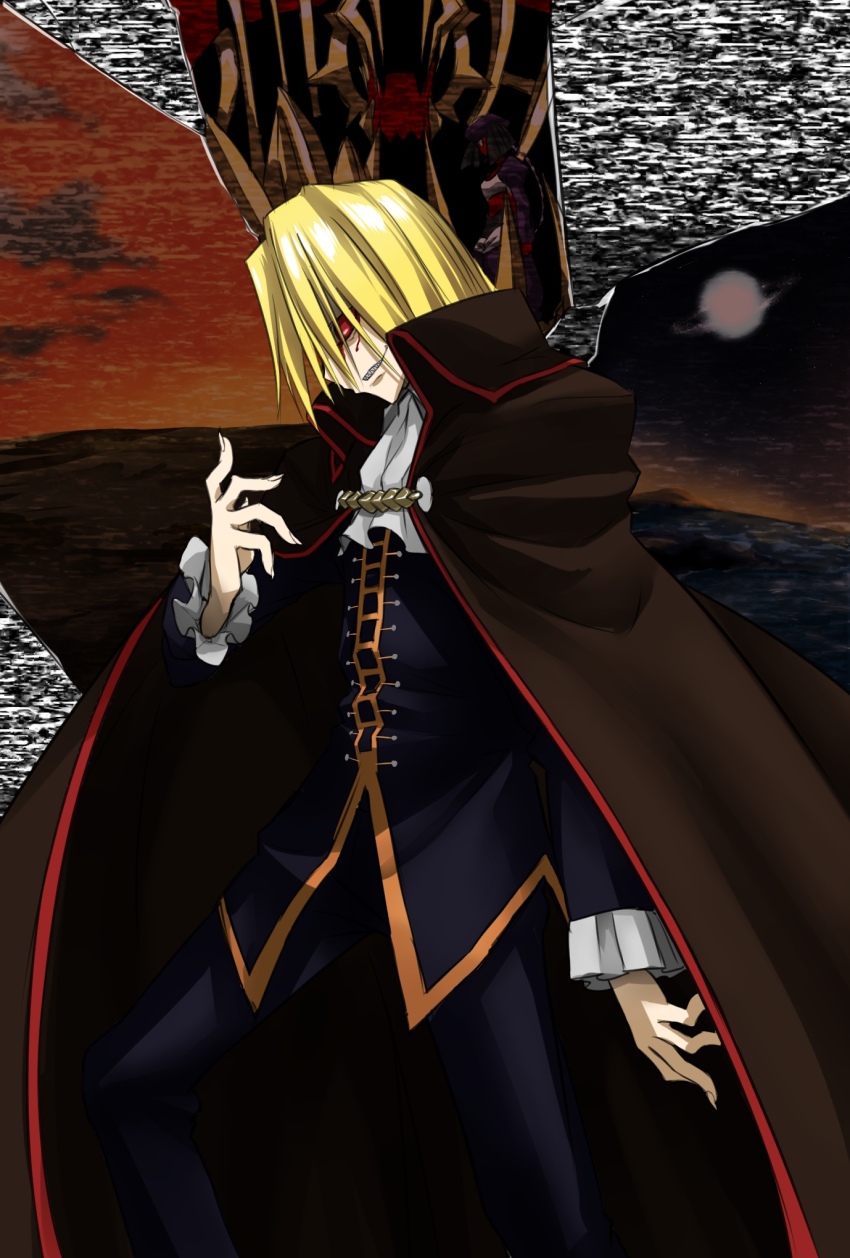 1boy 1girl ascot blonde_hair blood bloody_tears buttons cape chiizu_ore coat collared_shirt crazy_smile dust_of_osiris fingernails formal_clothes grimace grin highres long_sleeves looking_to_the_side melty_blood red_eyes sharp_fingernails sharp_teeth shirt sion_eltnam_(type-moon) sion_eltnam_atlasia smile smirk static teeth tsukihime vampire wallachia white_shirt