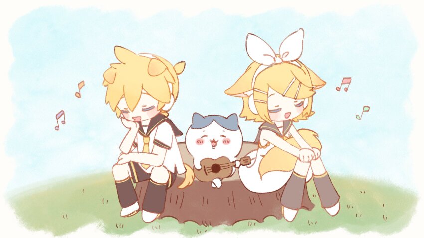 1boy 1girl 1other animal_ear_fluff animal_ears black_sailor_collar black_shorts blonde_hair blue_sky blush bow bow_hairband cat cat_ears cat_tail chiikawa closed_eyes day dog_ears dog_tail dress eob eyelashes full_body guitar hachiware_(chiikawa) hair_ornament hairband hairpin hand_on_own_knee happy head_rest highres holding holding_guitar holding_instrument instrument kagamine_len kagamine_rin medium_hair music musical_note neckerchief necktie open_mouth outdoors playing_guitar playing_instrument sailor_collar shoes shorts singing sitting sky socks spoken_musical_note tail vocaloid white_bow white_dress white_hairband white_shoes yellow_neckerchief yellow_necktie