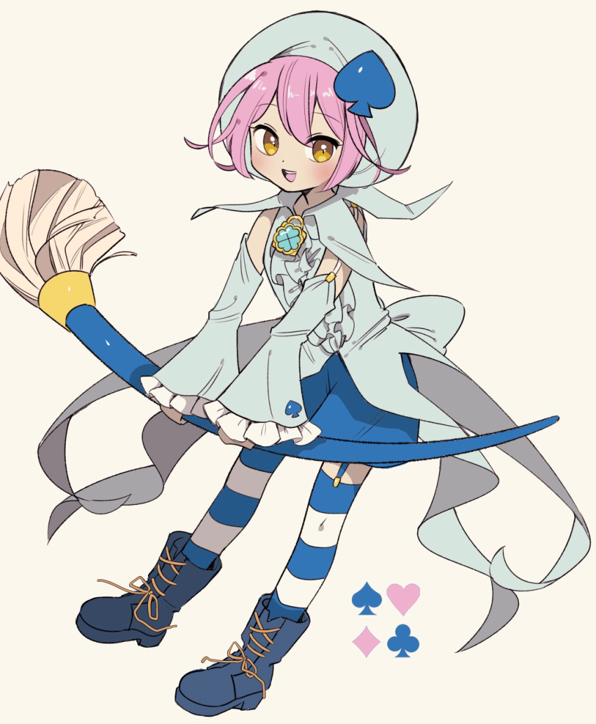 1girl amulet_spade blue_footwear blue_hat blue_jacket blue_shirt blue_theme club_(shape) detached_sleeves diamond_(shape) full_body giant_brush grey_background hair_ornament hat heart highres hinamori_amu humpty_lock_(shugo_chara!) jacket looking_at_viewer madrat_sukisuki open_mouth orange_eyes paintbrush pink_hair shirt short_hair shugo_chara! smile solo spade_(shape) spade_hair_ornament striped_clothes striped_thighhighs thighhighs white_thighhighs