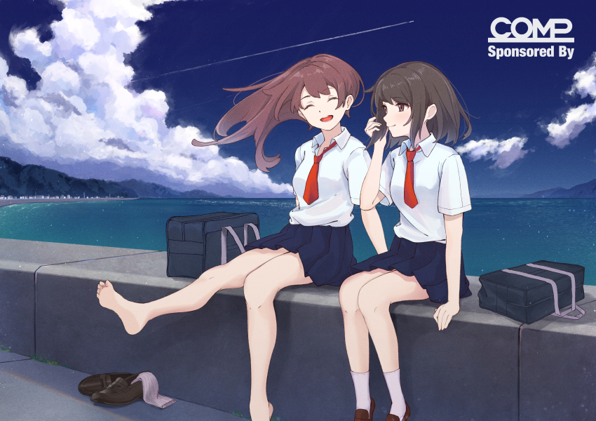 2girls :d absurdres aircraft airplane brown_eyes brown_hair closed_eyes cloud cumulonimbus_cloud feet graffy_boring highres huge_filesize jet loafers long_hair multiple_girls open_mouth original outdoors school_uniform shoes short_hair smile socks soles summer trail unworn_shoes unworn_socks white_legwear
