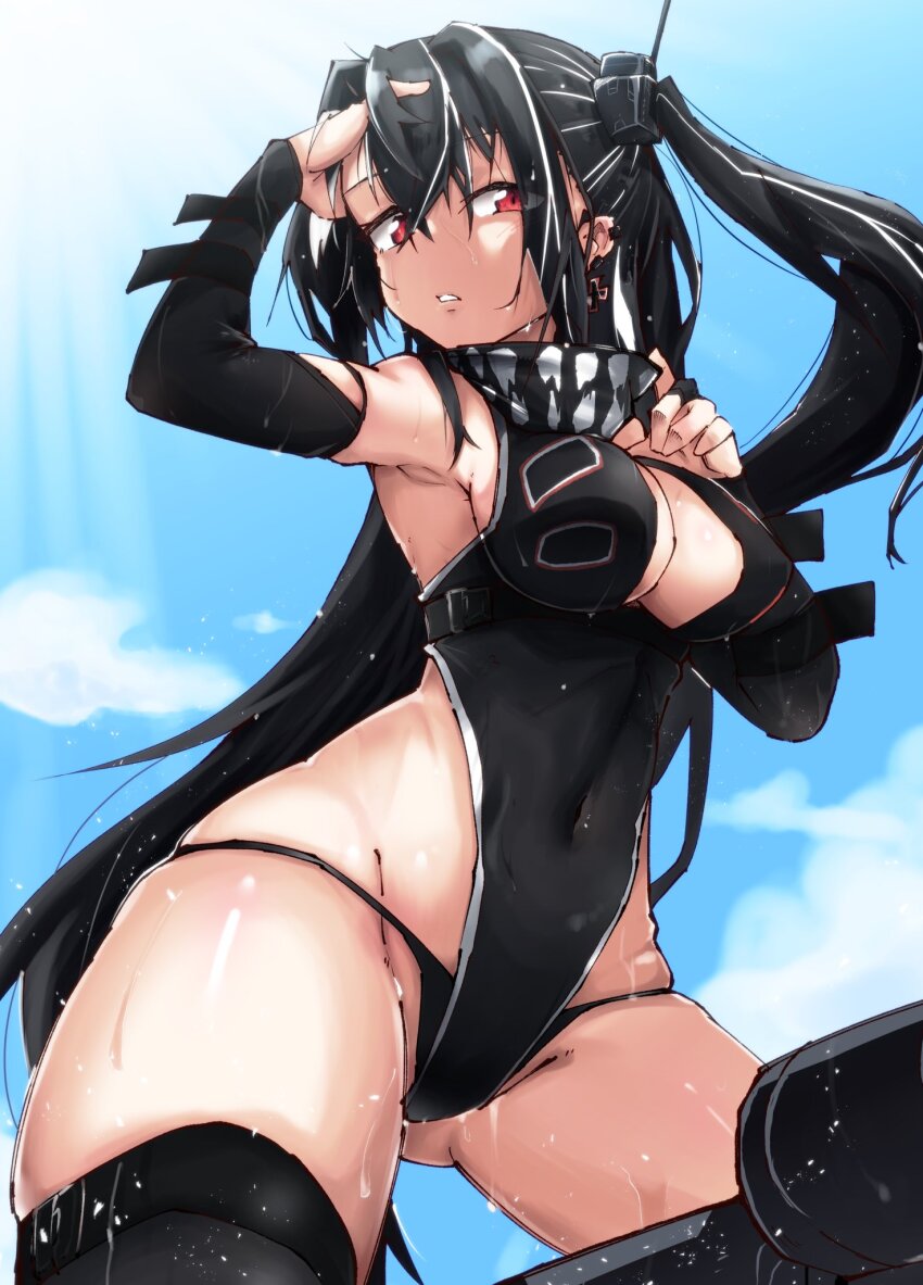 1girl adjusting_hair arm_up armpits azur_lane black_hair black_leotard black_panties black_sleeves black_thighhighs blue_sky breasts cloud cloudy_sky covered_navel cross cross_earrings detached_sleeves earrings gluteal_fold groin highres iron_cross jewelry large_breasts leotard long_hair looking_at_viewer multicolored_hair one_side_up outdoors panties parted_lips red_eyes sky solo streaked_hair tenteru thighhighs u-47_(azur_lane) underwear wet white_hair