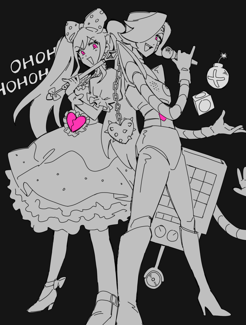 1boy 1girl :d androgynous android back-to-back black_background bomb boots bow chain chinese_commentary commentary_request crossover double-parted_bangs dress dual_wielding explosive flat_color frilled_sleeves frilled_wrist_cuffs frills from_below full_body gloves greyscale hair_between_eyes hair_bow hair_over_one_eye hand_up high_heel_boots high_heels highres holding holding_flail holding_microphone knee_boots laughing legs_apart long_dress long_hair looking_at_viewer mechanical_arms mettaton mettaton_(box) mettaton_ex microphone monochrome non-humanoid_robot omori one_eye_covered open_mouth petticoat pink_eyes pinky_out polka_dot polka_dot_bow puffy_short_sleeves puffy_sleeves robot shoes short_hair short_sleeves simple_background skellen15 smile spot_color standing sweetheart_(omori) teeth tongue twintails undertale upper_teeth_only v-shaped_eyebrows very_long_hair wrist_cuffs