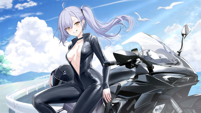 1girl aged_up ahoge artist_request asymmetrical_bangs asymmetrical_hair azur_lane biker_clothes bikesuit bird black_bodysuit black_choker blue_sky bodysuit breasts breasts_apart center_opening choker cleavage cloud cloudy_sky collarbone day ear_piercing earrings floating_hair full-length_zipper grey_hair grin hair_between_eyes hair_ornament helmet highres holding holding_helmet jewelry long_hair long_sleeves looking_at_viewer motor_vehicle motorcycle motorcycle_helmet mountainous_horizon no_bra non-web_source oceana_(azur_lane) official_art on_motorcycle open_bodysuit open_clothes outdoors parted_lips partially_unzipped piercing ponytail seagull side_ponytail siren_(azur_lane) sitting skin_tight sky smile solo tree unworn_headwear unworn_helmet unzipped yellow_eyes zipper zipper_pull_tab
