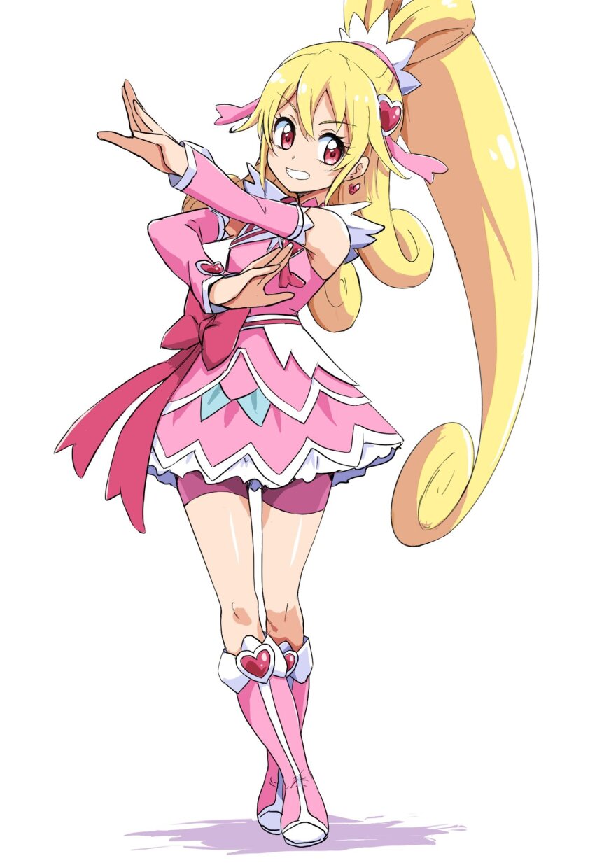 1girl aida_mana bike_shorts boots bow commentary contrapposto cure_heart curly_hair detached_sleeves dokidoki!_precure dress full_body grin hair_between_eyes heart highres layered_dress long_hair looking_to_the_side magical_girl pink_boots pink_dress pink_eyes pink_shorts ponytail precure shorts sidelocks smile solo uraki very_long_hair white_background