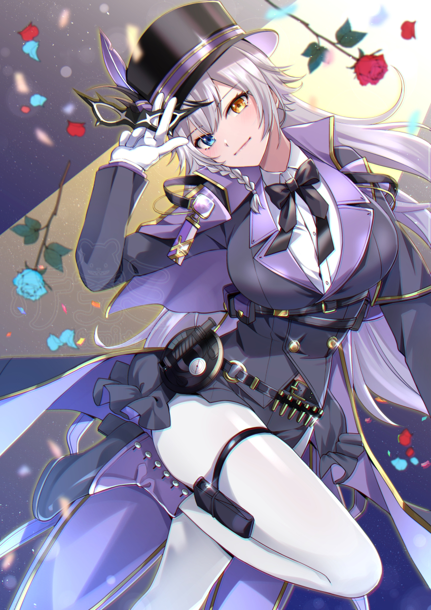 1girl ankle_boots belt black_belt black_boots black_coat black_ribbon black_shorts blue_eyes blue_flower blue_rose boots breasts closed_mouth coat coattails commentary_request confetti eye_mask flower glint gloves goddess_of_victory:_nikke grey_hair hair_between_eyes hand_up hat heterochromia highres large_breasts light_blush long_hair long_sleeves looking_at_viewer multicolored_hair neck_ribbon pantyhose phantom_(nikke) red_flower red_rose ribbon rose shirt short_shorts shorts sidelocks skindentation smile solo standing standing_on_one_leg streaked_hair teemi thigh_strap top_hat watermark white_gloves white_pantyhose white_shirt yellow_eyes