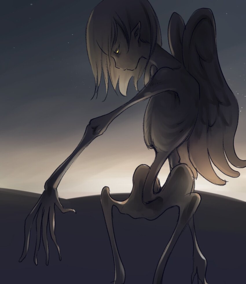 1other androgynous angel angel_wings blonde_hair broiler expressionless highres original pointy_ears profile short_hair skeletal_body sketch sky solo star_(sky) starry_sky twilight wings yellow_eyes