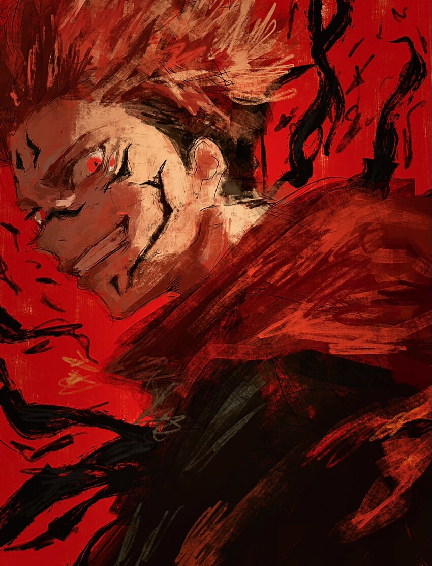 1boy black_shirt commentary extra_eyes facial_tattoo fuyumurasaki grin highres jujutsu_kaisen male_focus red_background red_eyes red_hair red_hood red_theme ryoumen_sukuna_(jujutsu_kaisen) shirt short_hair simple_background smile solo spiked_hair tattoo teeth undercut upper_body