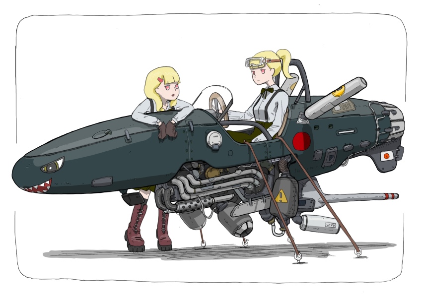 2girls blonde_hair boots brown_gloves closed_mouth gatling_santouhei gloves highres hover_bike hover_vehicle long_hair medium_hair multiple_girls nose_art open_mouth original ponytail red_eyes red_footwear science_fiction shark_nose_art shirt simple_background skirt smile suspender_skirt suspenders tagme vehicle_focus white_background white_shirt