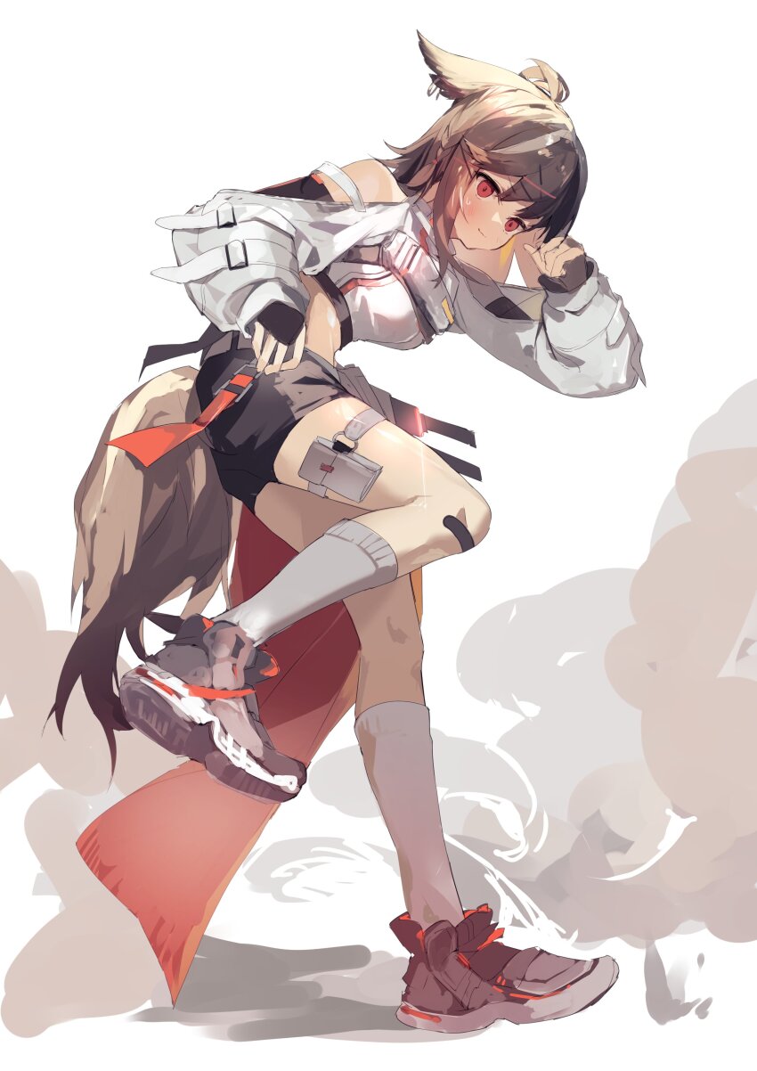 1girl absurdres animal_ears arknights bandaid bandaid_on_leg black_gloves black_shorts blush breasts brown_hair brown_tail commentary crop_top cropped_jacket cutter_(arknights) cutter_(wiping_knife)_(arknights) elbow_gloves embarrassed fingerless_gloves fox_ears fox_girl fox_tail from_side gloves grey_shoes grey_socks highres jacket kneehighs koda24 long_sidelocks long_sleeves looking_at_viewer medium_breasts medium_hair midriff pouch red_eyes shoes short_shorts shorts sidelocks single_bare_shoulder single_sidelock small_sweatdrop sneakers socks solo standing standing_on_one_leg swept_bangs tail thigh_pouch thigh_strap white_jacket