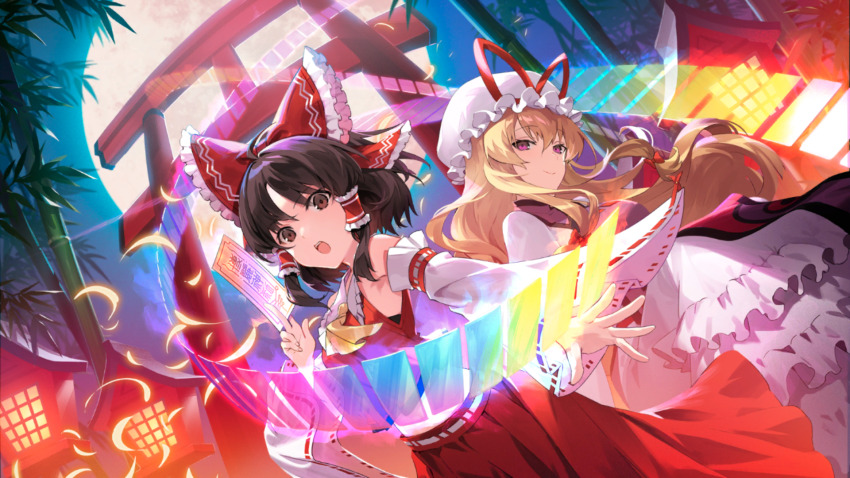 2girls ascot bamboo between_fingers blonde_hair bow brown_eyes brown_hair closed_mouth commentary_request detached_sleeves frilled_bow frilled_hair_tubes frills full_moon game_cg hair_bow hair_tubes hakurei_reimu hat hat_ribbon highres holding kawaguchi_(mojacome) long_hair long_sleeves looking_at_viewer mob_cap moon multiple_girls official_art ofuda ofuda_between_fingers open_mouth outdoors purple_eyes purple_tabard red_bow red_ribbon red_skirt ribbon ribbon-trimmed_sleeves ribbon_trim skirt skirt_set tabard third-party_source torii touhou touhou_danmaku_kagura very_long_hair yakumo_yukari yellow_ascot