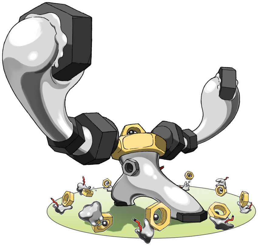 arms_up artist_request evolutionary_line full_body gen_7_pokemon highres melmetal meltan metal_skin mythical_pokemon nintendo no_humans nut_(hardware) official_art one-eyed outline pokemon pokemon_(creature) pokemon_focus standing third-party_source transparent_background tripping white_outline wire