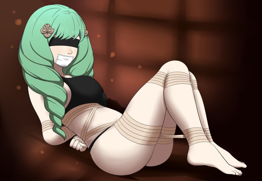 1girl ass bdsm black_bra black_panties blindfold blush bondage bound bra breasts brown_background brown_rope covered_mouth dankestofdans feet female_focus fire_emblem fire_emblem:_three_houses flayn_(fire_emblem) gag gagged green_hair huge_ass improvised_gag intelligent_systems large_breasts long_hair lying nintendo panties rope shiny_clothes shiny_skin solo tape tape_gag thick_thighs thighs underwear underwear_only very_long_hair