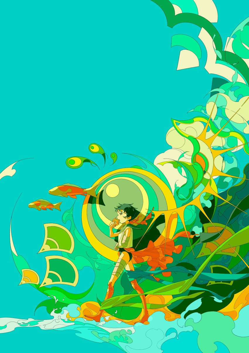 1girl absurdres arm_sling black_hair blue_sky cloud commentary_request fish flying_fish from_side full_body highres holding kodomo_no_hi koinobori lazool_721 ocean open_mouth original outdoors ribbon shirt short_hair skirt sky socks solo standing underwear water wide_shot windsock