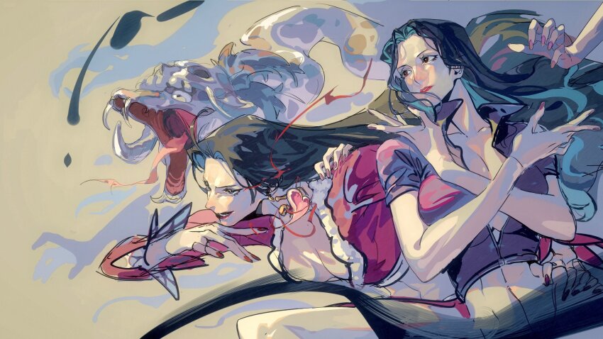 2girls black_hair boa_hancock chinese_commentary commentary_request cropped_jacket crossed_arms earrings extra_arms forked_tongue hana_hana_no_mi hebi_utage highres jewelry long_hair long_sleeves looking_ahead multiple_girls nico_robin one_piece open_mouth red_lips red_nails salome_(one_piece) short_sleeves smile snake snake_earrings tongue