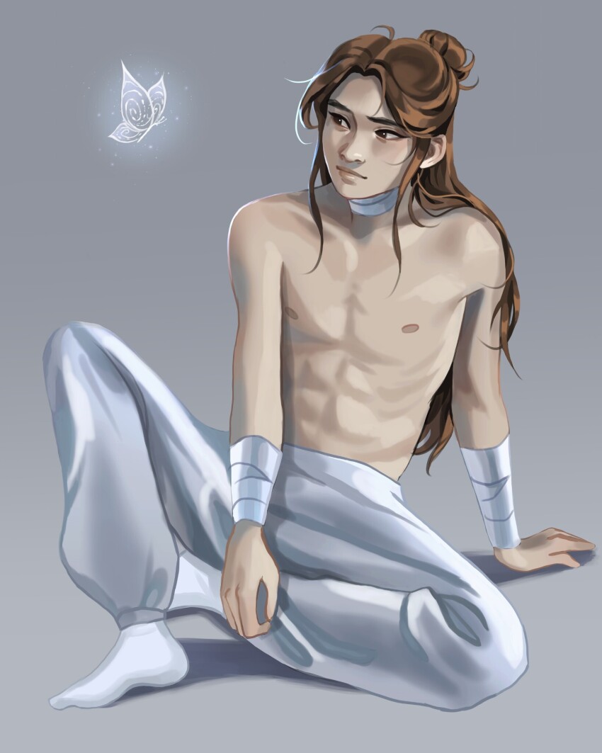 1boy abs animal bandaged_arm bandaged_neck bandages bishounen black_eyes brown_hair bug butterfly closed_mouth commentary english_commentary glowing_butterfly grey_background hair_bun highres insect leaning_back long_hair looking_at_animal loose_pants male_focus pants parted_bangs simple_background single_hair_bun smile socks solo tadpole_art tianguan_cifu toned toned_male topless_male white_butterfly white_pants white_socks xie_lian