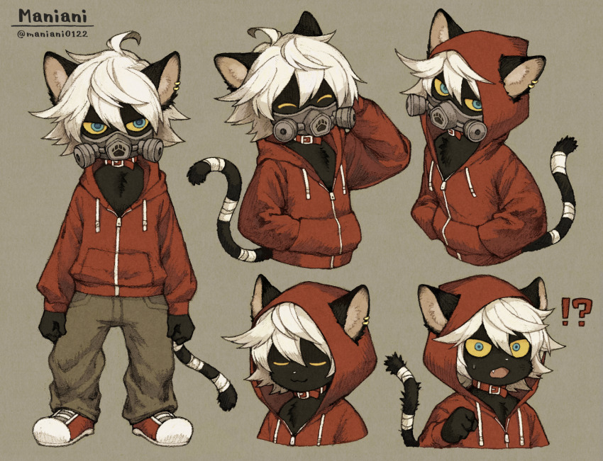 !? 1boy 1other ahoge animal_collar animal_ears artist_name black_fur blue_eyes body_fur cat_boy cat_ears cat_girl cat_tail closed_eyes collar colored_sclera cropped_torso ear_piercing earrings facing_viewer fang full_body furry furry_female furry_male gas_mask grey_background hair_between_eyes hand_in_pocket hands_in_pockets hood hood_up hoodie jewelry looking_at_viewer male_focus maniani mask multiple_expressions multiple_views open_mouth original pants piercing red_collar red_hoodie reference_sheet shoes short_hair simple_background standing sweatdrop tail upper_body white_fur white_hair yellow_eyes yellow_sclera