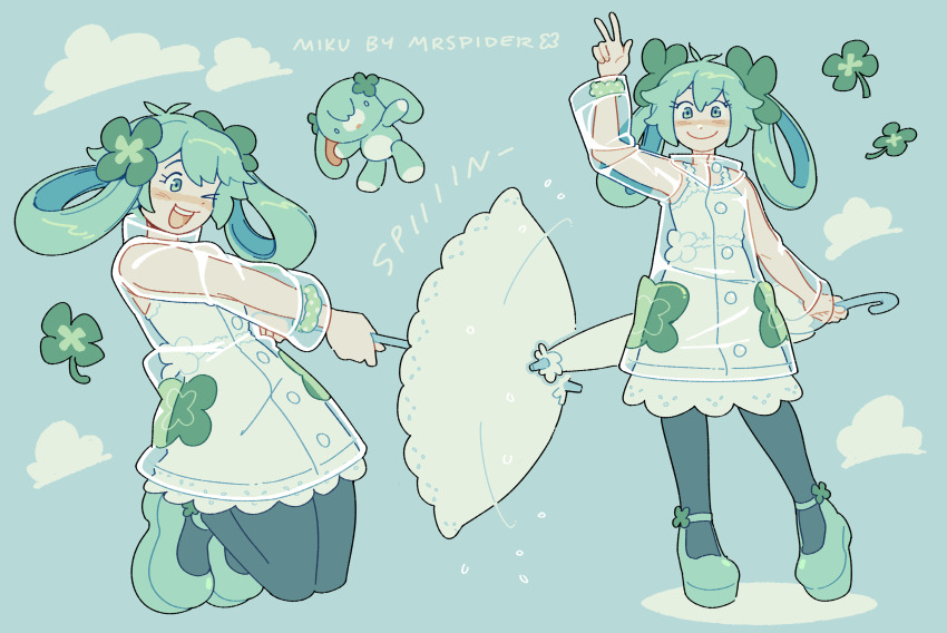 1girl absurdres alternate_hair_color alternate_hairstyle black_pantyhose borrowed_design clover clover_hair_ornament commentary dress english_commentary english_text four-leaf_clover four-leaf_clover_hair_ornament fourleafisland full_body green_hair green_theme hair_ornament hair_rings hatsune_miku highres holding holding_umbrella jumping long_hair mary_janes multiple_views pantyhose raincoat see-through_clothes see-through_raincoat shoes standing stuffed_animal stuffed_rabbit stuffed_toy umbrella v vocaloid white_dress