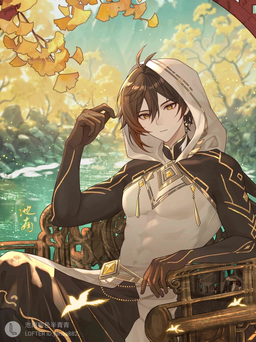 1boy absurdres architecture chinese_clothes chinese_lantern close-up east_asian_architecture genshin_impact highres lofter lofter_logo lofter_username looking_at_viewer official_alternate_costume rex_lapis_(genshin_impact) solo water water_background yanan882 zhongli_(archon)_(genshin_impact) zhongli_(genshin_impact)
