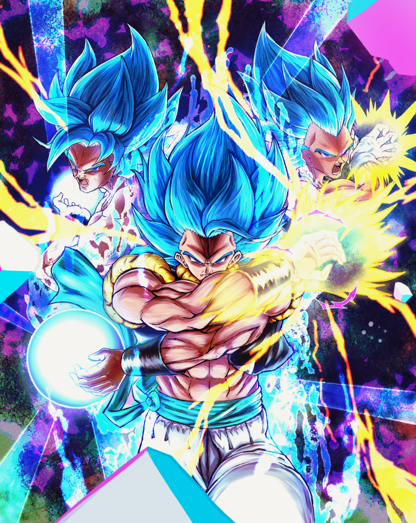 3boys absurdres artist_request black_vest blue_eyes blue_hair commentary_request dragon_ball dragon_ball_super dragon_ball_super_broly dragon_ball_z_dokkan_battle fusion galick_gun gogeta highres kamehameha_(dragon_ball) male_focus medium_hair metamoran_vest multiple_boys open_clothes open_vest panties powering_up son_goku super_saiyan super_saiyan_blue transcendent_blazer underwear vegeta vest