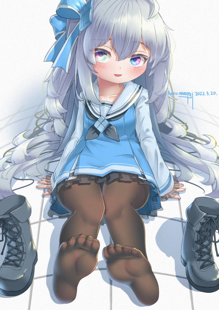 1girl absurdres ahoge black_neckerchief black_pantyhose blue_boots blue_bow blue_dress blue_eyes blush boots bow breasts chinese_commentary closed_mouth dated dress eyebrows_hidden_by_hair feet female_focus frilled_dress frills full_body grey_hair hair_bow highres karv loli long_hair long_sleeves looking_at_viewer lying microsoft_windows neckerchief on_back on_floor one_side_up os-tan pantyhose sailor_collar see-through_clothes shirt signature small_breasts solo unworn_boots white_sailor_collar white_shirt windows_11 windows_logo