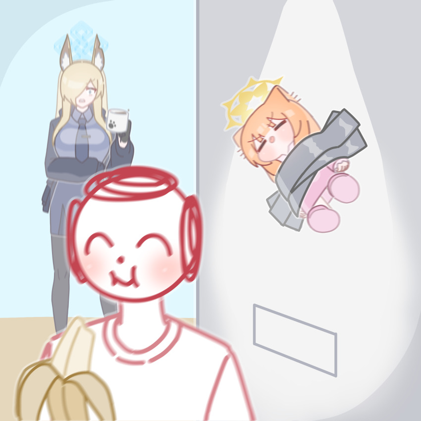 1boy 2girls absurdres animal_ear_fluff animal_ears banana black_gloves blonde_hair blue_archive blue_shirt blue_skirt blunt_bangs blurry blurry_foreground blush chibi cup doodle_sensei_(blue_archive) dress_shirt duct_tape food fruit gloves hair_over_one_eye halo highres holding holding_cup horuhara jacket kanna_(blue_archive) kid_taped_to_wall_(meme) long_sleeves mari_(blue_archive) meme multiple_girls necktie no_nose open_clothes open_jacket orange_hair pajamas pantyhose pink_pajamas pink_slippers polka_dot polka_dot_pajamas sensei_(blue_archive) shirt skirt slippers standing tongue tongue_out v-shaped_eyebrows yellow_halo