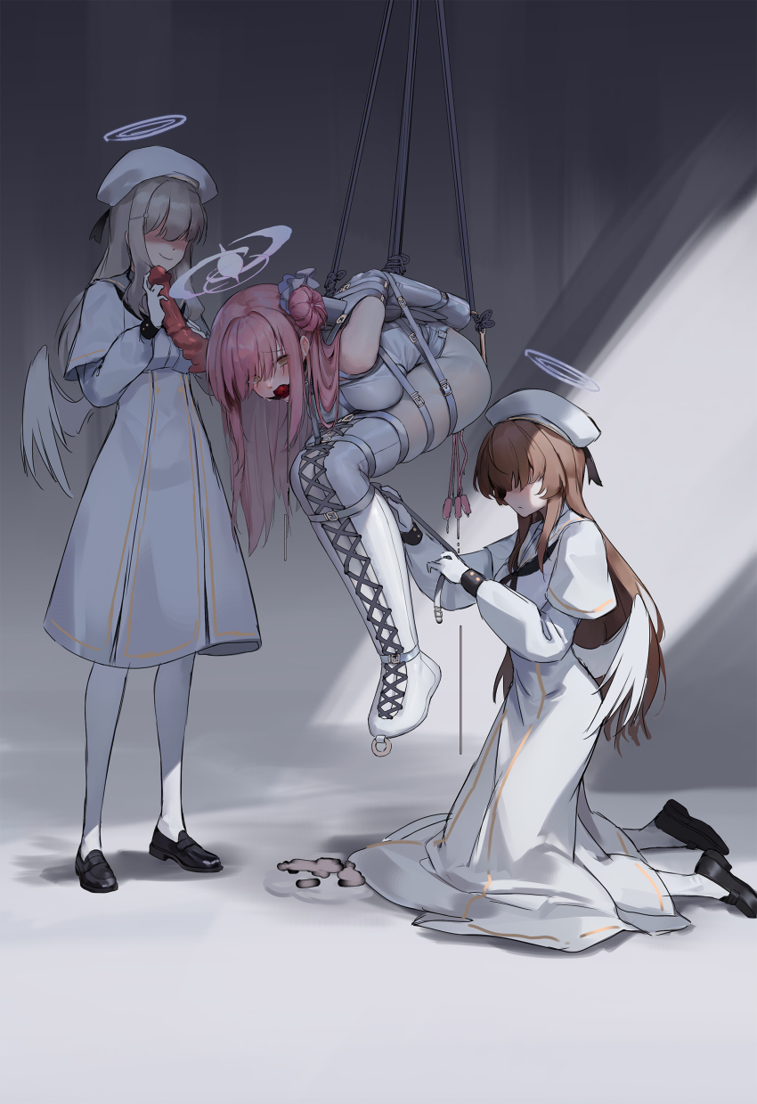 3girls absurdres anal_hook angel_wings armbinder arms_behind_back ass ball_gag bare_shoulders bdsm belt bent_over beret black_footwear blue_archive blush bondage bondage_outfit bound bound_arms bound_legs bound_wings breasts brown_hair buckle capelet covered_eyes crying crying_with_eyes_open dildo dress drooling egg_vibrator empty_eyes faceless faceless_female feathered_wings female_focus folded gag gagged grey_hair hair_bun hair_intakes hair_over_eyes halo hat helpless highres holding holding_sex_toy immobilization kumachi_(aikawaakeya) large_breasts legbinder loafers long_hair looking_at_viewer low_wings mika_(blue_archive) multiple_belts multiple_girls pantyhose pink_hair pink_halo pussy_juice pussy_juice_drip rape restrained restraints sex_toy shoes single_side_bun skindentation strappado suspension tea_party_(blue_archive) tea_party_militant_(blue_archive) tears thigh_belt thigh_strap vibrator vibrator_cord white_belt white_capelet white_dress white_hat white_pantyhose white_wings wiffle_gag wings yellow_eyes yuri