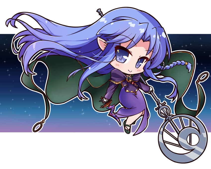 1girl blue_eyes blue_hair braid chibi cloak commission dg11 fate/stay_night fate_(series) green_cloak hecate&#039;s_staff_(fate) highres holding holding_knife holding_staff hood knife long_hair long_sleeves medea_(caster)_(fate) medea_(fate) pointy_ears purple_robe robe rulebreaker side_braid skeb_commission smile solo staff