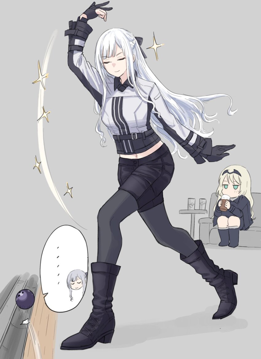 ... 2girls ak-12_(girls&#039;_frontline) an-94_(girls&#039;_frontline) arm_up ball black_footwear black_gloves black_pantyhose black_ribbon black_shorts blue_eyes boots bowling bowling_ball braid closed_eyes commentary_request cup french_braid fuku_(fuku12290574) girls&#039;_frontline glass gloves grey_background hair_ribbon highres holding holding_cup jacket long_hair long_sleeves multicolored_jacket multiple_girls navel pantyhose partially_fingerless_gloves ribbon shorts simple_background sitting smile sparkle spoken_ellipsis standing two-tone_jacket very_long_hair white_hair