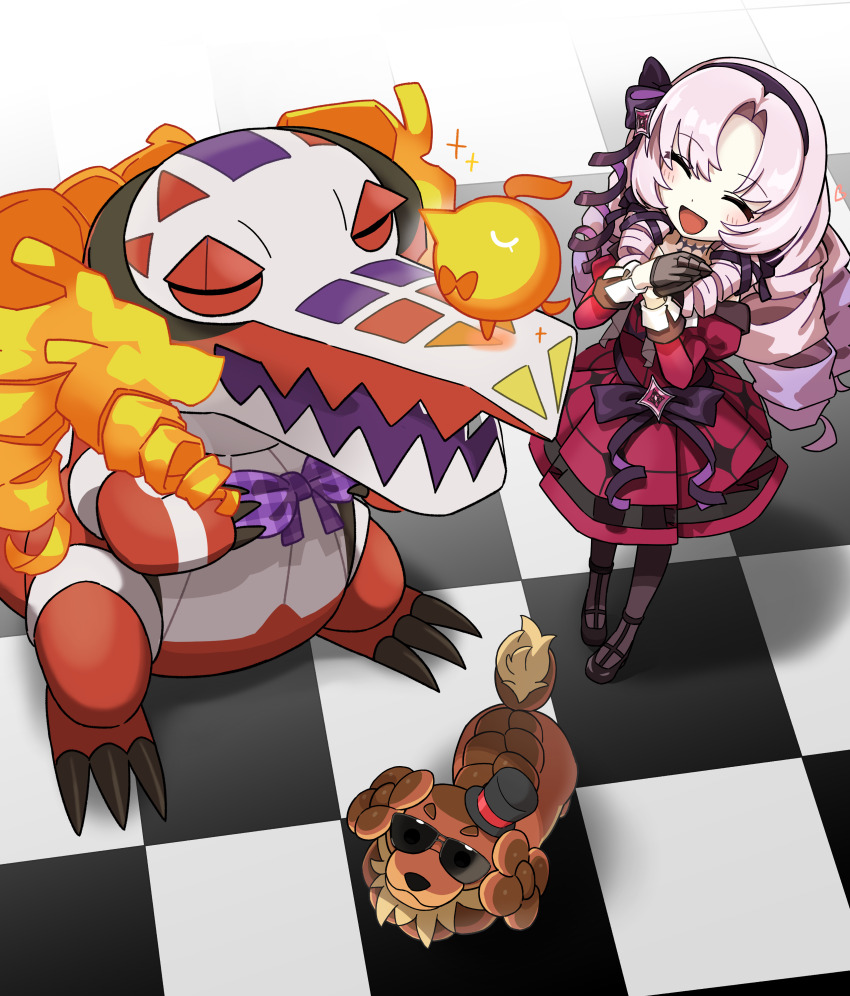 1girl absurdres bow claws closed_eyes closed_mouth crossover dachsbun dog dress fire fire_bird_(skeledirge) hair_ornament hat highres hyakumantenbara_salome long_hair marlowe nijisanji nintendo pink_hair pokemon pokemon_(creature) ribbon skeledirge smile sunglasses virtual_youtuber