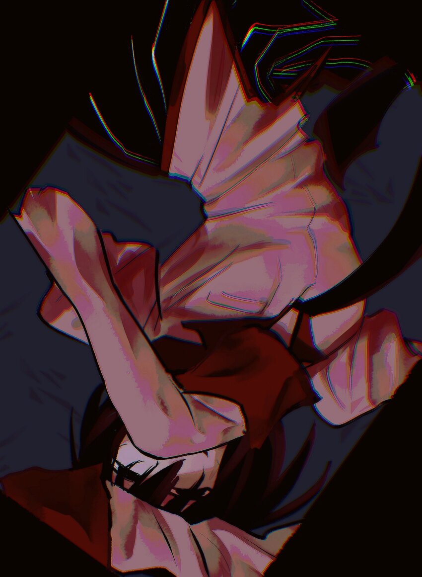 1girl arm_over_head arm_up black_border black_eyes black_hair black_necktie black_skirt bob_cut border breasts chromatic_aberration covering_own_mouth empty_eyes grey_background hair_over_eyes hand_up highres juliet_sleeves long_sleeves maeyakara000 monogatari_(series) naoetsu_high_school_uniform narrowed_eyes necktie oshino_ougi pale_skin pink_shirt pleated_skirt puffy_sleeves red_trim school_uniform shirt short_hair skirt sleeves_past_fingers sleeves_past_wrists small_breasts smile solo upside-down very_long_sleeves