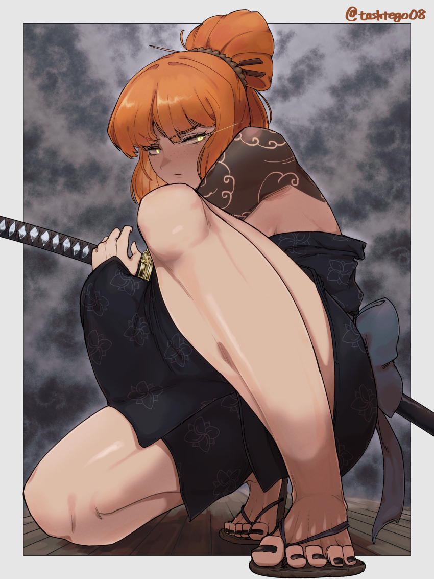 1girl absurdres arm_tattoo black_kimono black_nails cloud_tattoo commentary_request floral_print freckles glowing glowing_eyes hair_ornament hair_stick highres irezumi ishmael_(project_moon) japanese_clothes katana kimono kurokumo_clan_(identity)_(project_moon) limbus_company long_hair looking_at_viewer obi orange_hair project_moon sash sheath sheathed solo steam sword tashtego08 tattoo twitter_username weapon wide_sleeves yellow_eyes