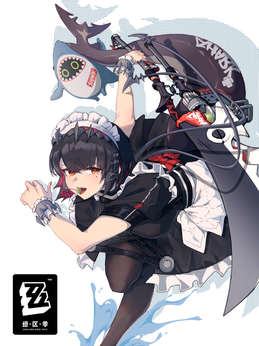 1girl absurdres bangboo_(zenless_zone_zero) black_dress black_hair black_pantyhose candy colored_inner_hair dress ellen_joe fins fish_tail food frilled_wristband hairband hakusama233 highres holding holding_scythe lollipop lollipop_in_mouth maid maid_headdress metal_hairband mole mole_under_eye multicolored_hair pantyhose razor_blade_hair_ornament red_eyes scar scar_on_tail scythe shark_girl shark_tail spiked_headband standing standing_on_one_leg tail zenless_zone_zero