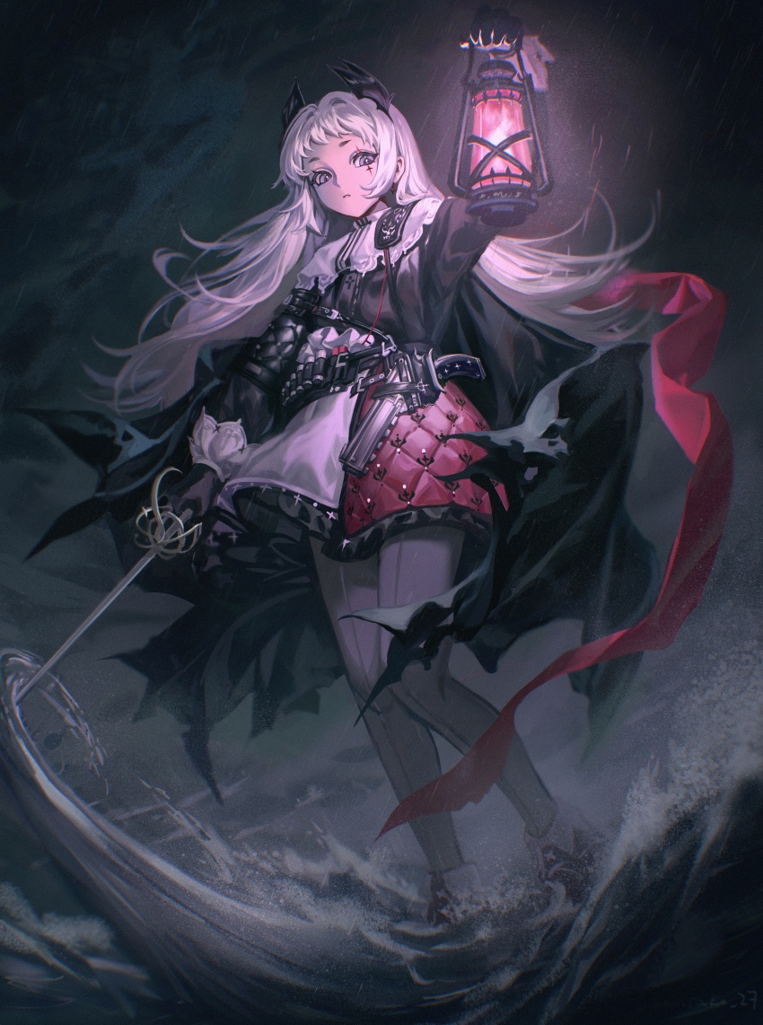 1girl absurdres arknights arm_up black_cape black_gloves black_shirt cape cloud cloudy_sky floating_hair gloves grey_eyes grey_pants highres holding holding_lantern holding_sword holding_weapon irene_(arknights) lantern long_hair long_sleeves looking_at_viewer miniskirt night outdoors pants parted_lips rapier red_skirt scar scar_across_eye scar_on_face shirt signature skirt sky solo sword tacotako very_long_hair weapon white_hair