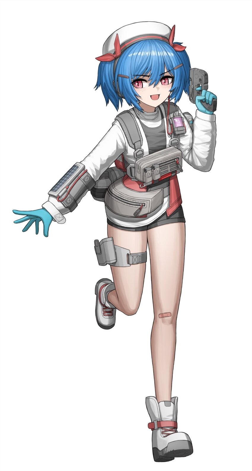 1girl absurdres bandaid bandaid_on_knee bandaid_on_leg beret black_shirt black_shorts blue_gloves blue_hair boots cheogtanbyeong colphne_(girls&#039;_frontline_2) ear_protection finger_on_trigger girls&#039;_frontline girls&#039;_frontline_2:_exilium gloves hair_between_eyes hair_ornament hairclip hand_up hat highres holster jacket leg_up load_bearing_vest long_sleeves looking_to_the_side medium_hair multicolored_jacket open_mouth pouch red_eyes red_jacket shirt short_shorts shorts smile solo taurus_curve thigh_holster twintails two-tone_jacket white_jacket