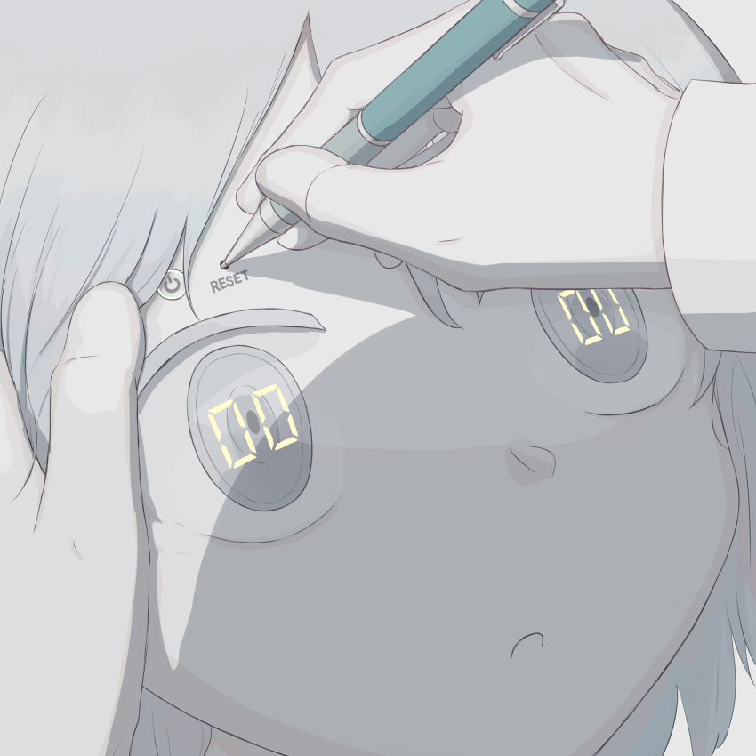 1boy absurdres android avogado6 close-up colored_eyelashes colored_skin commentary english_text green_eyes highres holding holding_pen looking_up original pen power power_symbol solo white_hair white_skin wide-eyed