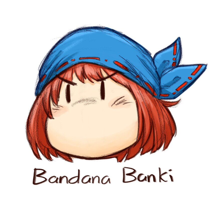 1girl bandana bandana_waddle_dee bandana_waddle_dee_(cosplay) blue_bandana blush bread_master commentary cosplay english_commentary highres kirby_(series) kirby_super_star_ultra nintendo no_mouth red_hair sekibanki sekibanki_day short_hair simple_background solid_oval_eyes solo touhou v-shaped_eyebrows white_background