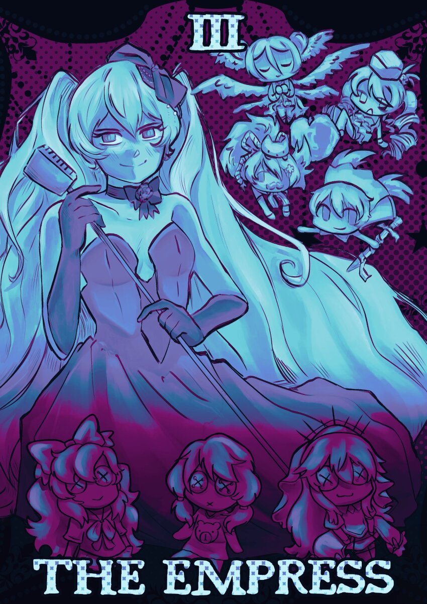 5girls absurdres blue_theme breasts closed_eyes closed_mouth commentary doll dress english_commentary gloves hair_between_eyes hat hatsune_miku highres holding holding_microphone holding_sword holding_weapon limited_palette looking_at_viewer microphone multiple_girls multiple_wings smile sword tarot tenn the_empress_(tarot) twintails u_u vocaloid weapon wings