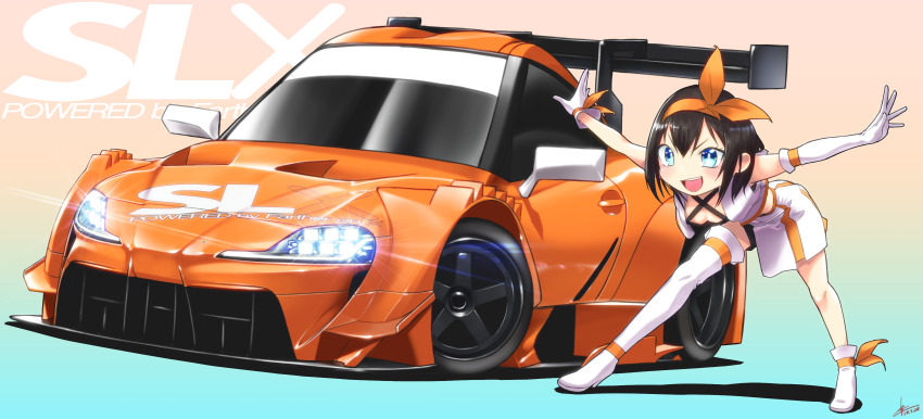 1girl absurdres asymmetrical_gloves bike_shorts black_shorts boots car elbow_gloves gloves glowing gradient_background hair_ribbon hairband half-skirt highres leaning_forward mizuki_shizuka_(silenxe) motor_vehicle open_mouth orange_hairband orange_ribbon original race_queen ribbon shadow shorts silenxe single_elbow_glove single_thigh_boot skirt smile solo spoiler_(automobile) thigh_boots toyota toyota_supra toyota_supra_mk_v v-shaped_eyebrows vehicle_focus white_boots white_gloves white_skirt